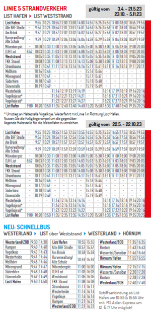 Fahrtübersicht Linie 5/Strandverkehr SVG Sylt